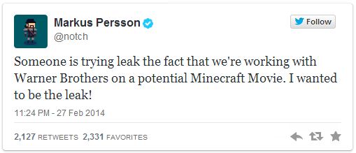 Minecraft le film tweet notch